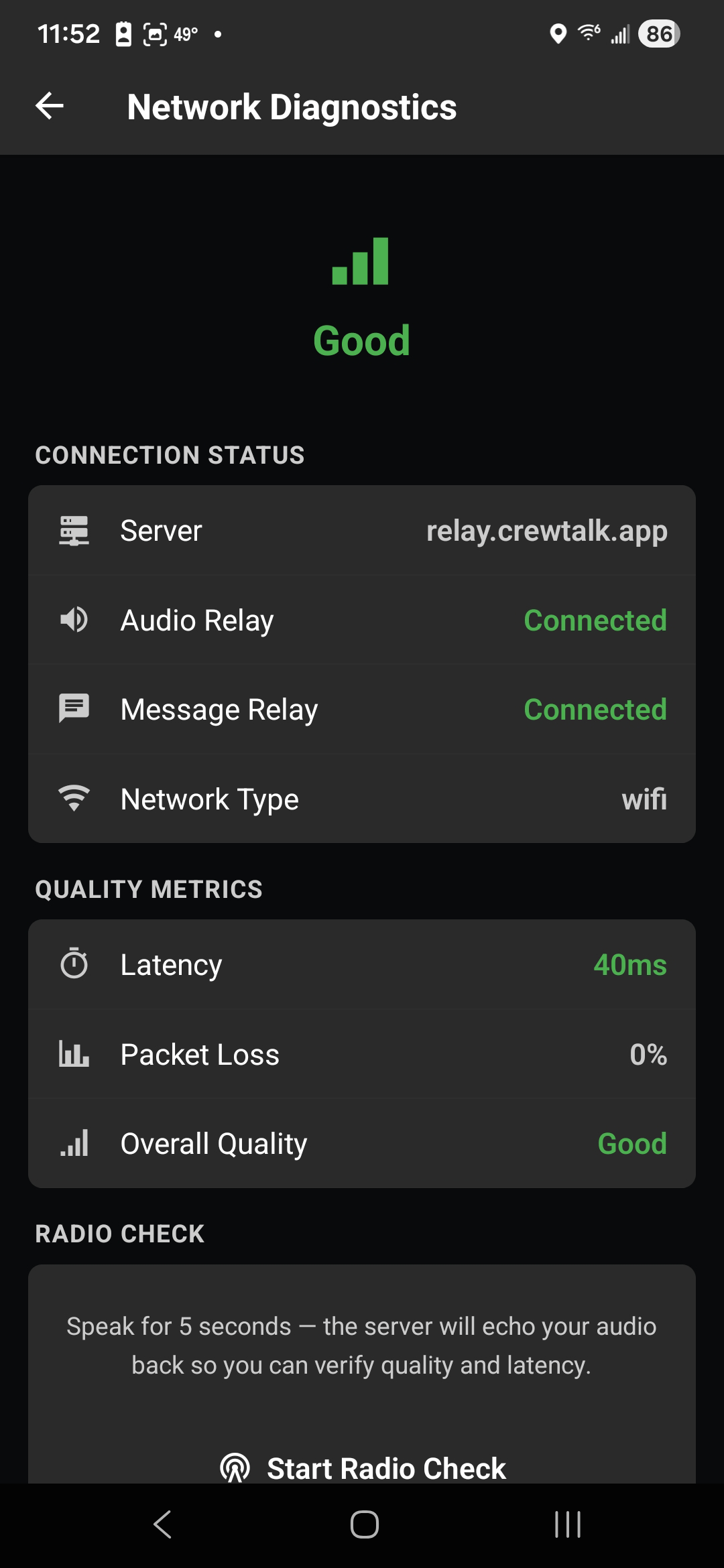 CrewTalk network diagnostics